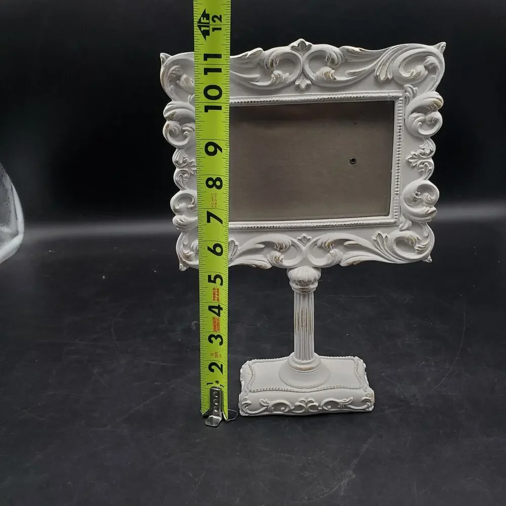 White Ornate Tabletop Picture Frame Pedestal Distressed 4x6 Horizontal